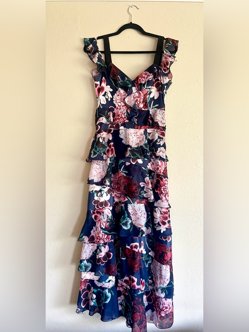 bebe Navy Floral Ruffle Dress with Pink Blooms